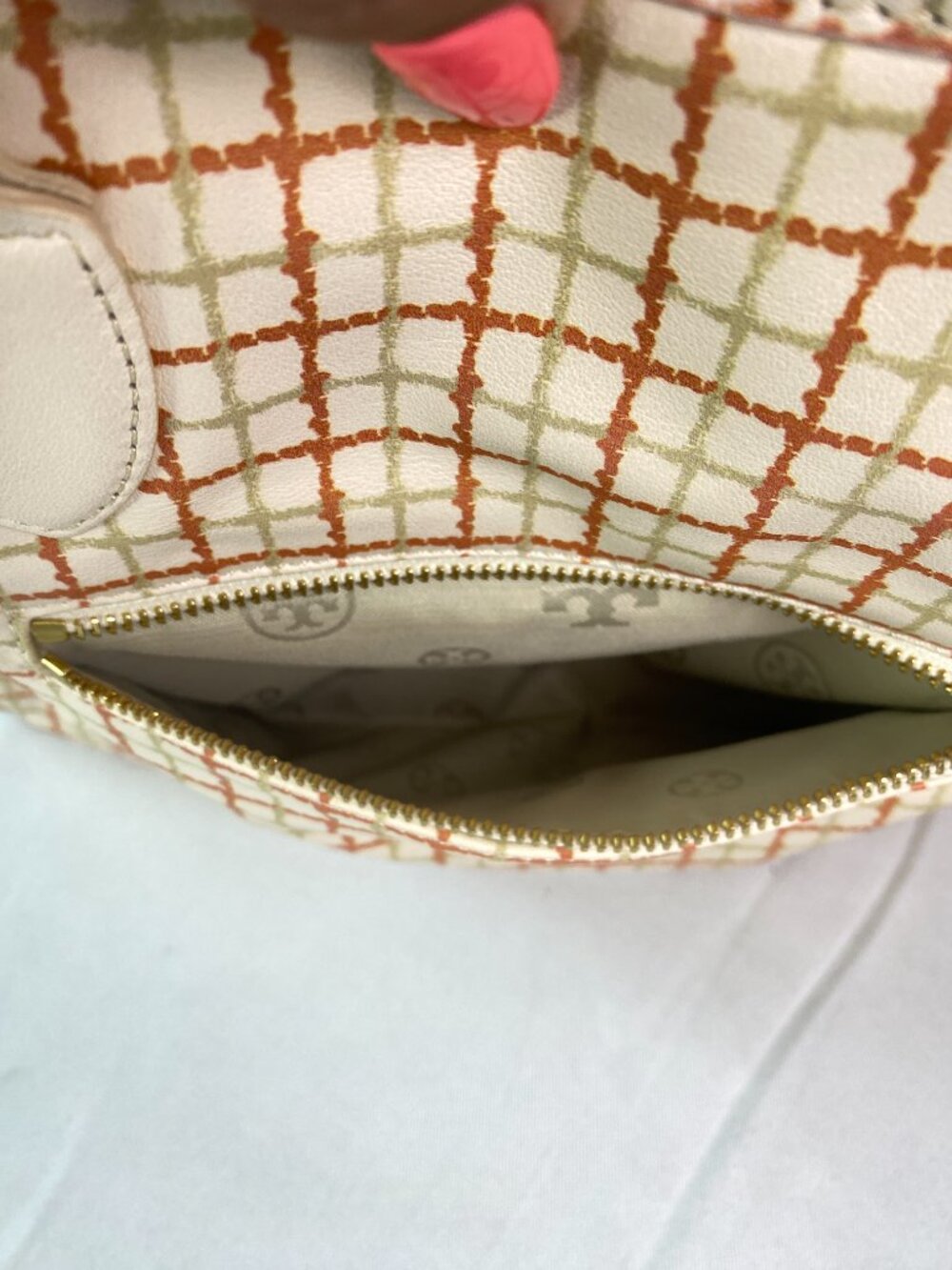 Tory Burch Priscilla Grid Satchel Ivory Orange Leather Top Handle 🌼 Arden - Picture 12 of 17